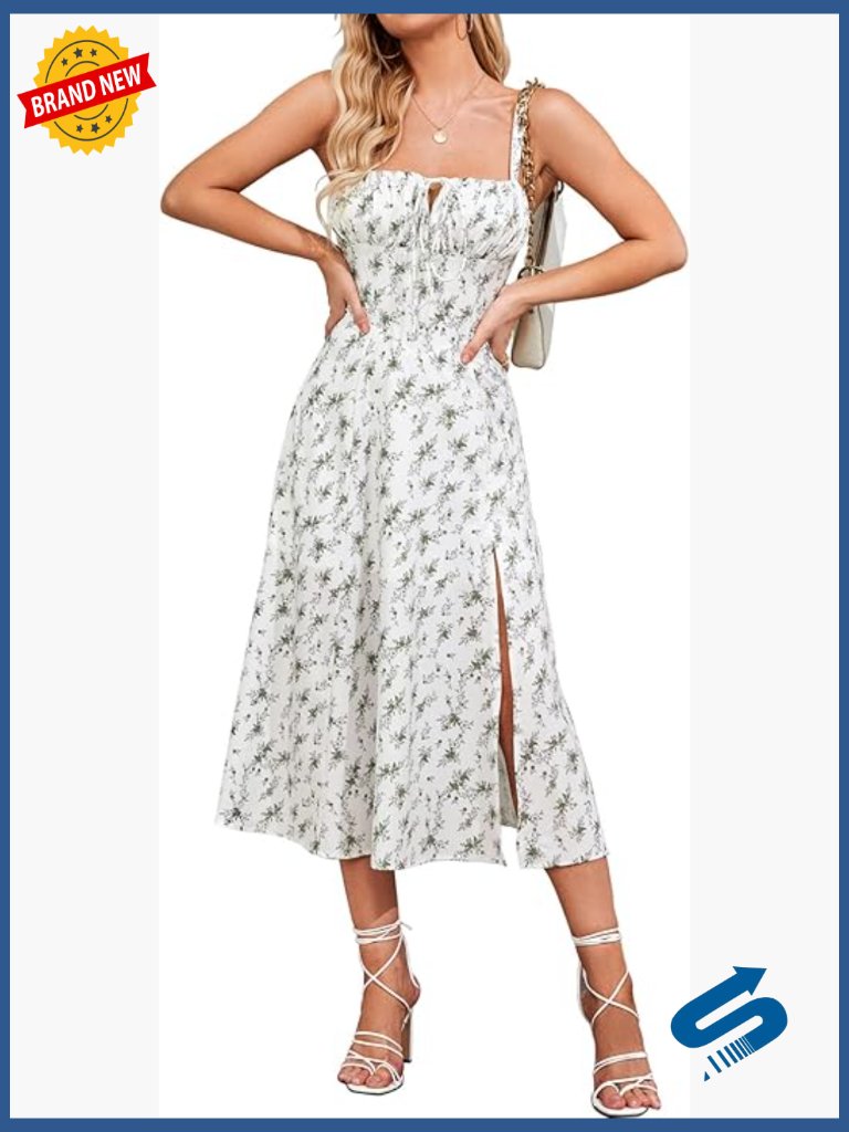 Women Summer Corset Midi Dress Floral Wedding Guest Flowy Slit Lace Up A-Line